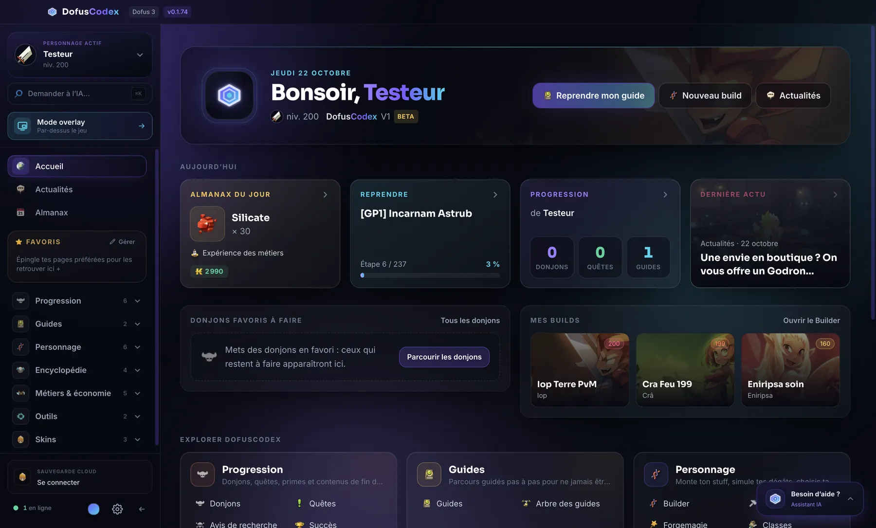 Accueil de DofusCodex : almanax du jour, guide en cours, progression et builds